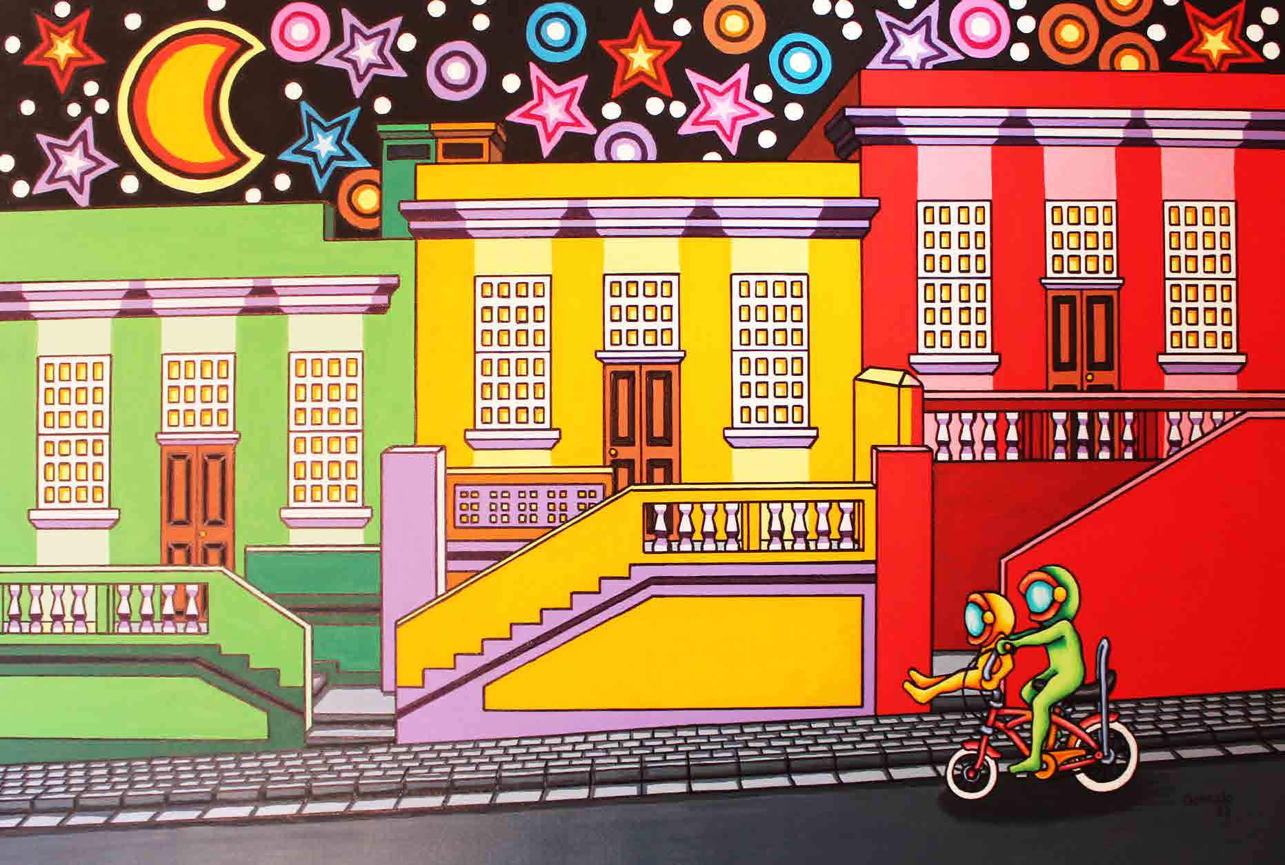 Vivid expressionist city painting with bright colours and stylised architecture