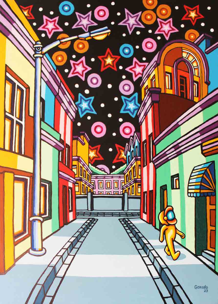 Walk, a figure strolling along a colourful city street