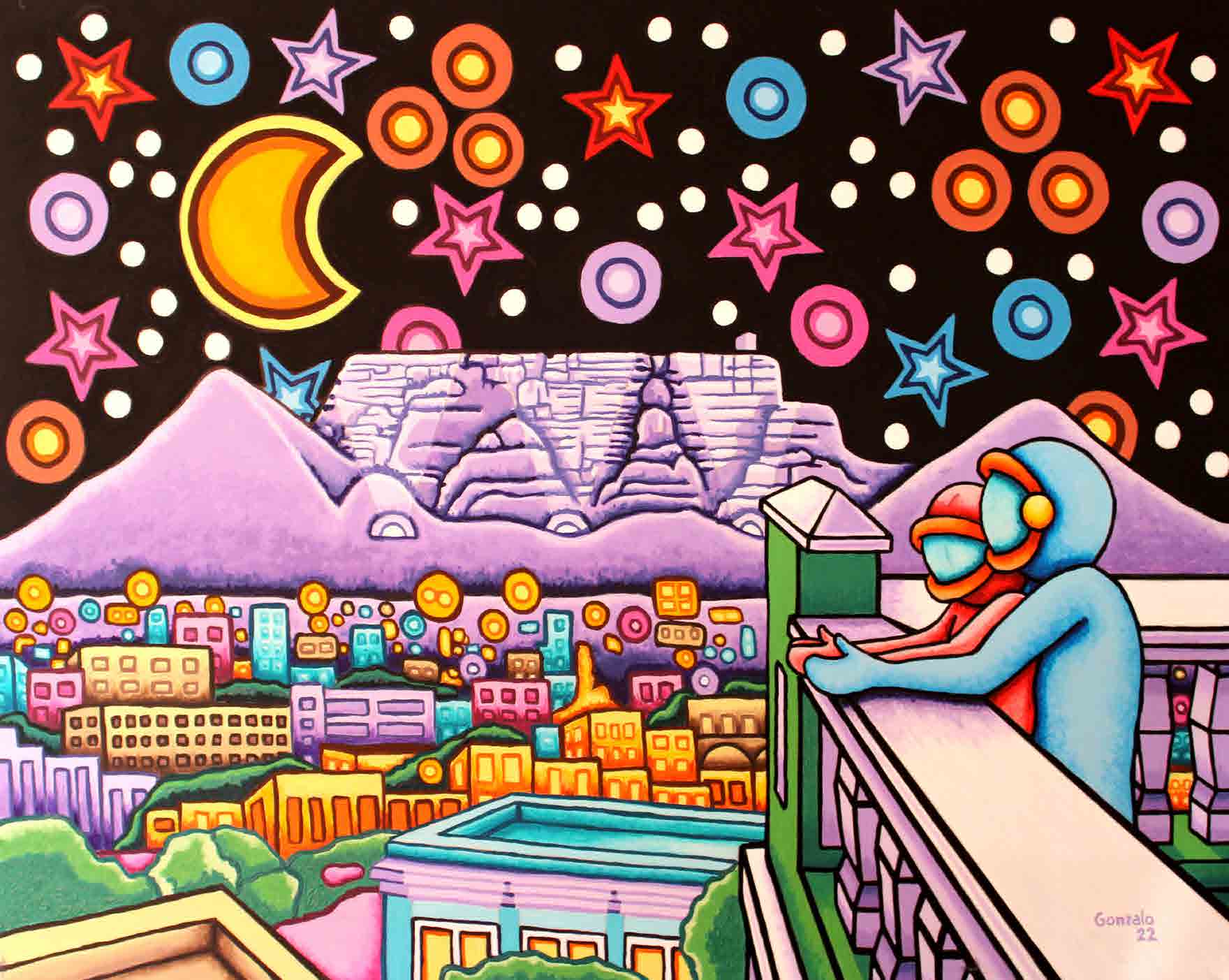 Gaze, a figure looking out across Cape Town beneath a starry sky