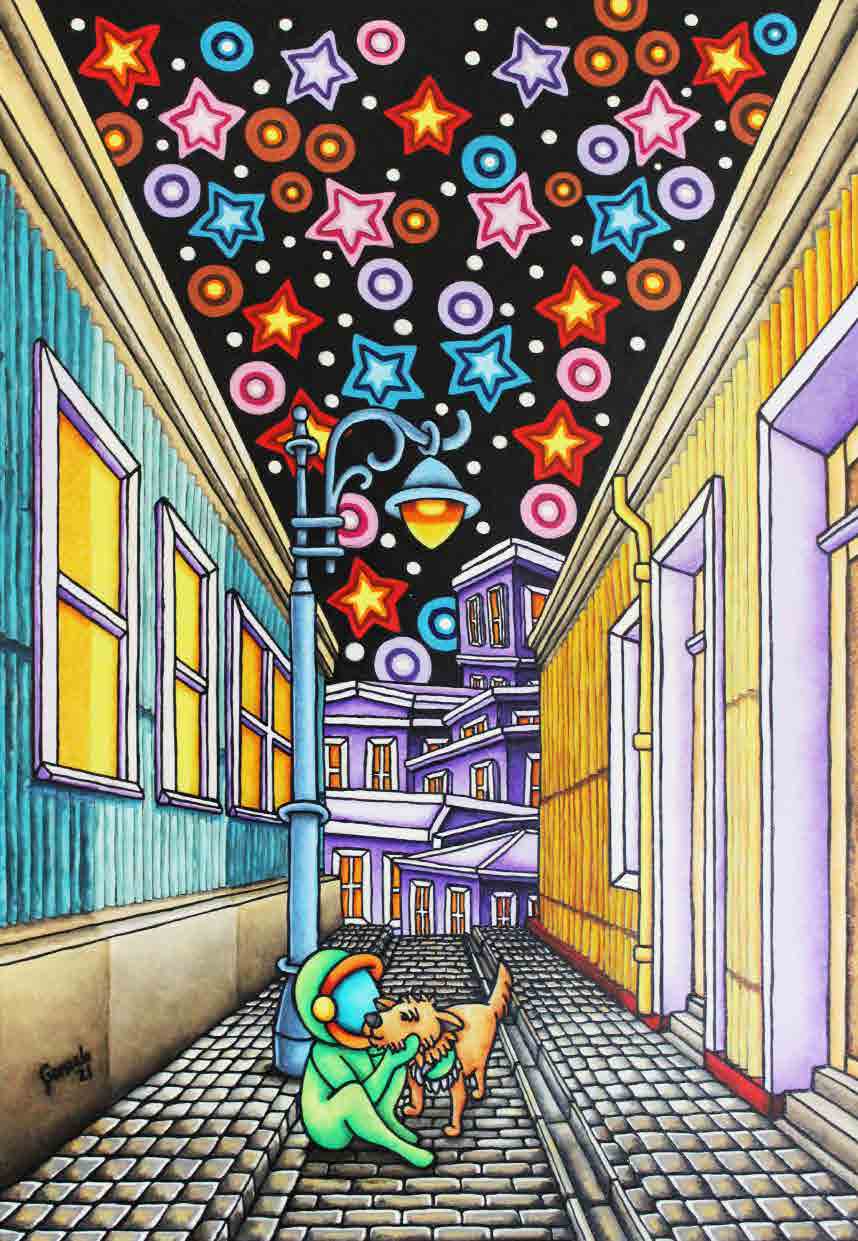Magic, a figure and a cat in a colourful, starry city lane